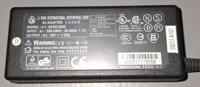 Li Shin Laptop  AC Adapter 20V 3.25A