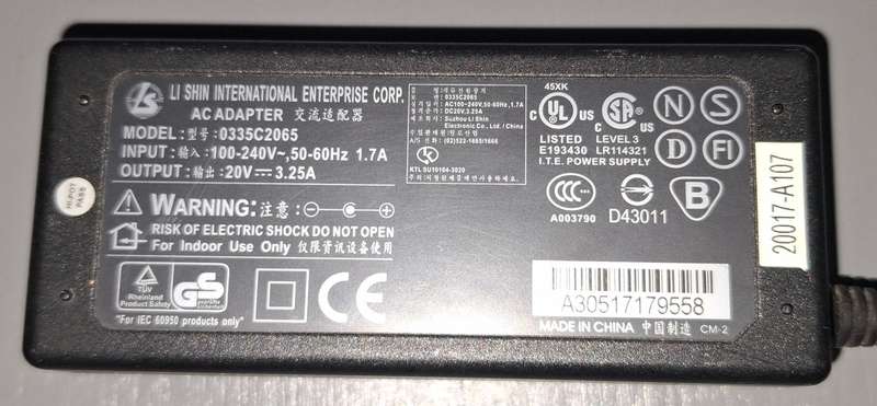 Li Shin Laptop  AC Adapter 20V 3.25A