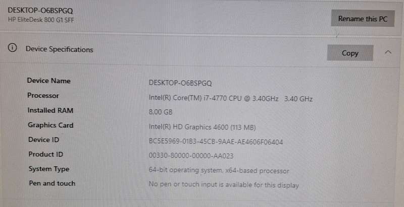 HP EliteDesk 800 G1 SFF Pc i7 8GB Ram 256GB Solid State Drive Windows 10 Pro