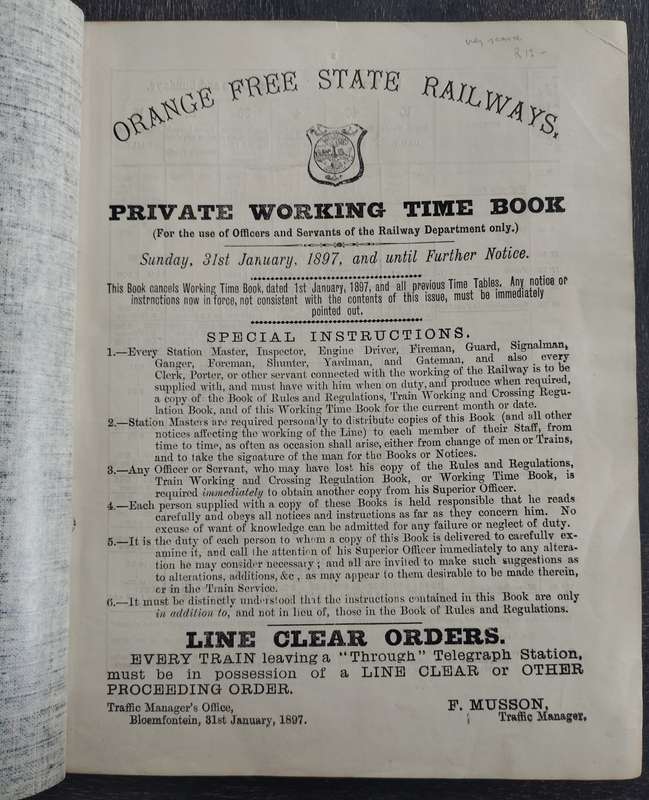 Orange Free State Railways - Time book (1897) - 27 pages