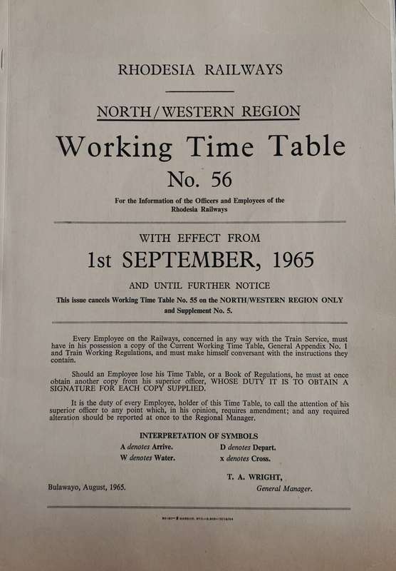 Rhodesia Railways - North/Western region time table No 56 (1965)
