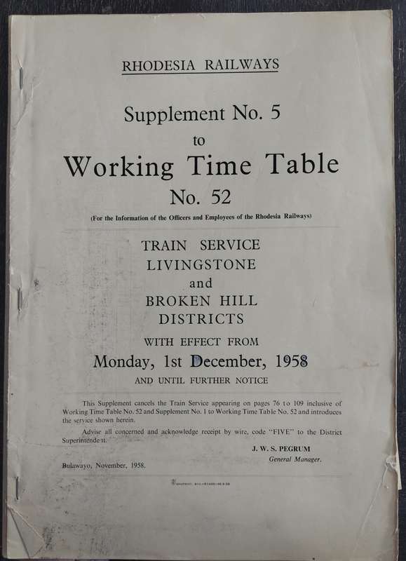 Rhodesia Railways - Livingstone and Broken Hills district time table No 52 (1958)