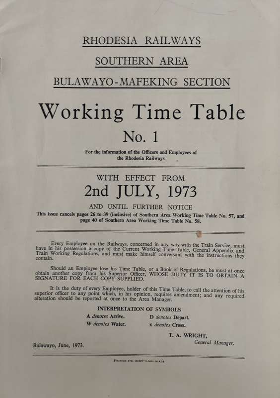 Rhodesia Railways - Southern area time table No 1 (1973)