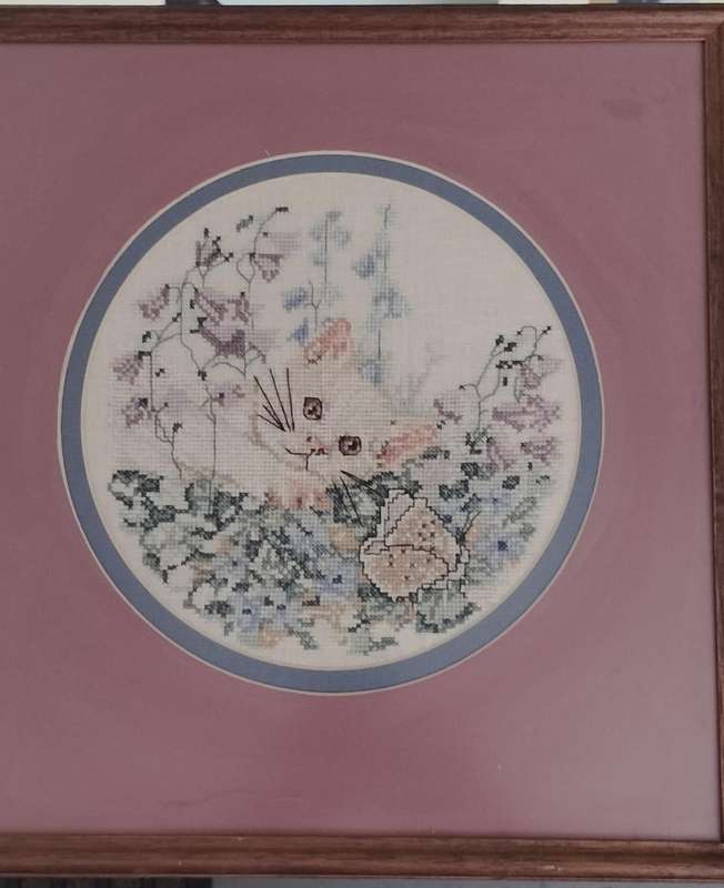 Beautiful framed embroidery (Kitten at play)