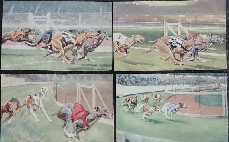 Dog racing art (4 x post cards)