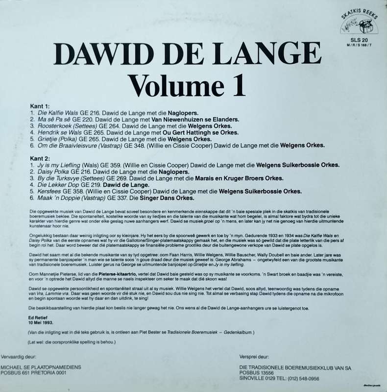 Boere musiek plaat - Vinyl / LP / Record - Dawid de Lange (Volume 1)