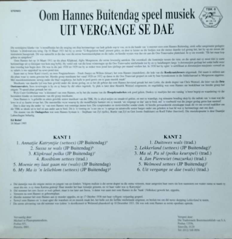Boere musiek plaat - Vinyl / LP / Record - Oom Hannes Buitendag speel musiek uit vergange se dae