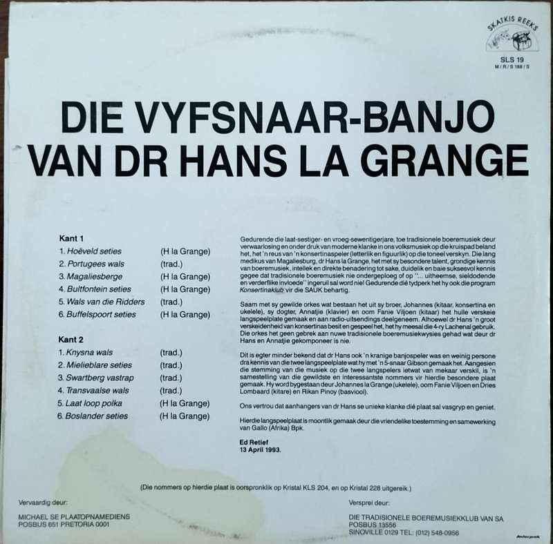 Boere musiek plaat - Vinyl / LP / Record - Die vyfsnaar-banjo van Dr Hans La Grange