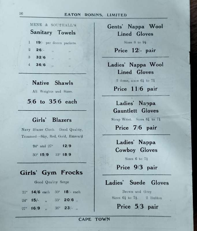 Cape Town History - Eaton Robins ladies winter catalogue 1925 (16 pages)