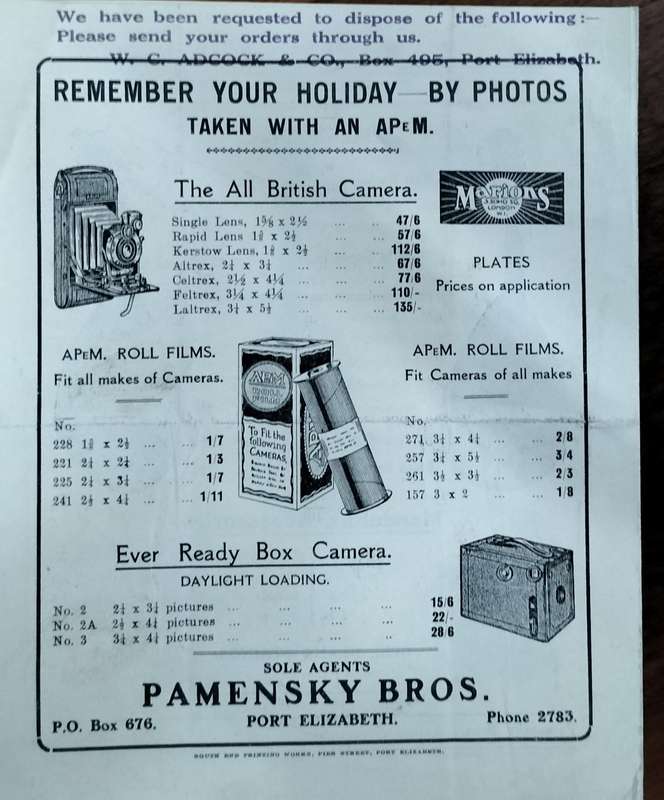 Port Elizabeth History -  Pamensky Bros / WC Adcock Musical Catalogue catalogue circa 1925 (8 pages)