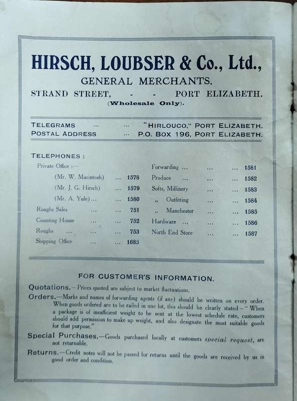 Port Elizabeth history - Hirsch Loubser - Rough goods  price list 1923 (17 pages)