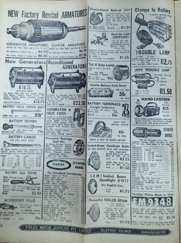 Fields Motor Supplies Catalogue - Johannesburg - Mid 1960s (24 pages)