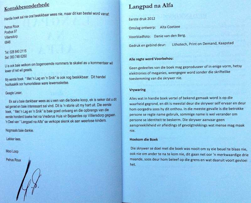 LANG PAD NA ALFA - Petrus Roux - Boek geteken deur Skrywer