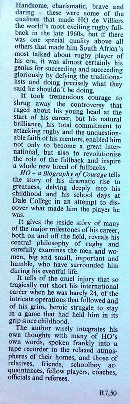 HO - A Biography of Courage - Neville Leck - Hardcover - Book signed by Mr H O De Villiers