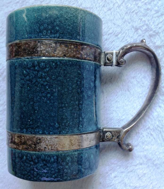Beer Tankard - Green-Blue Colour with beautiful pewter handle and bands