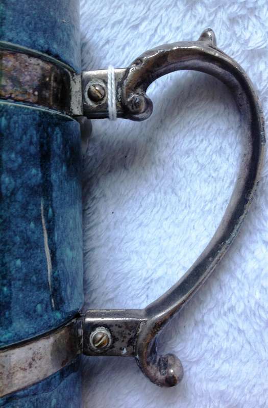 Beer Tankard - Green-Blue Colour with beautiful pewter handle and bands