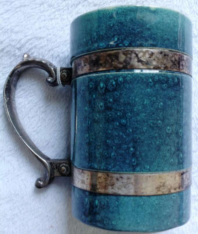 Beer Tankard - Green-Blue Colour with beautiful pewter handle and bands
