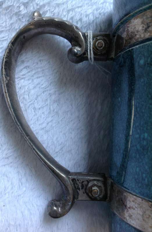 Beer Tankard - Green-Blue Colour with beautiful pewter handle and bands