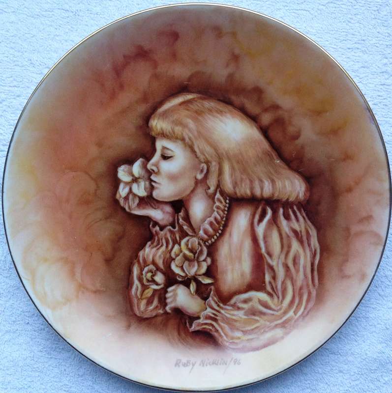 Hand painted gold-rimmed porcelain / china plate - by Artist Ruby Nicklin dated 1996