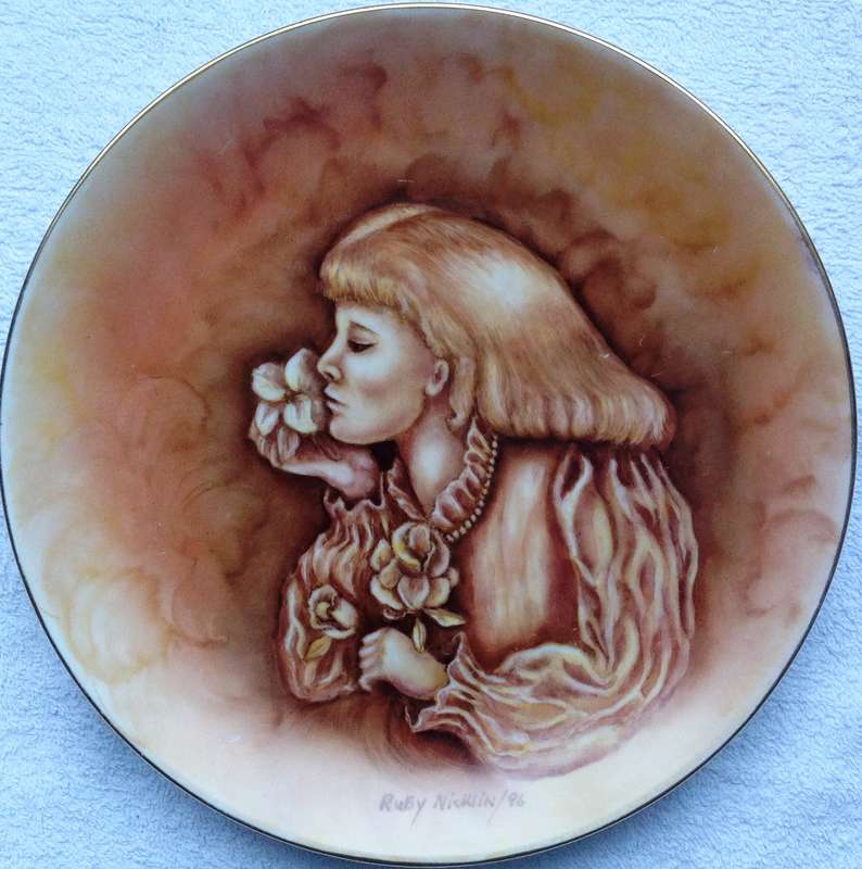 Hand painted gold-rimmed porcelain / china plate - by Artist Ruby Nicklin dated 1996