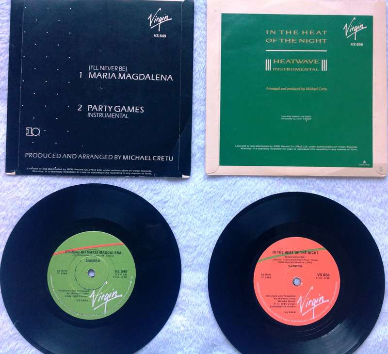 TWO seven single vinyl records - 45 RPM - Sandra - Maria Magdalena and In the Heat of the Night