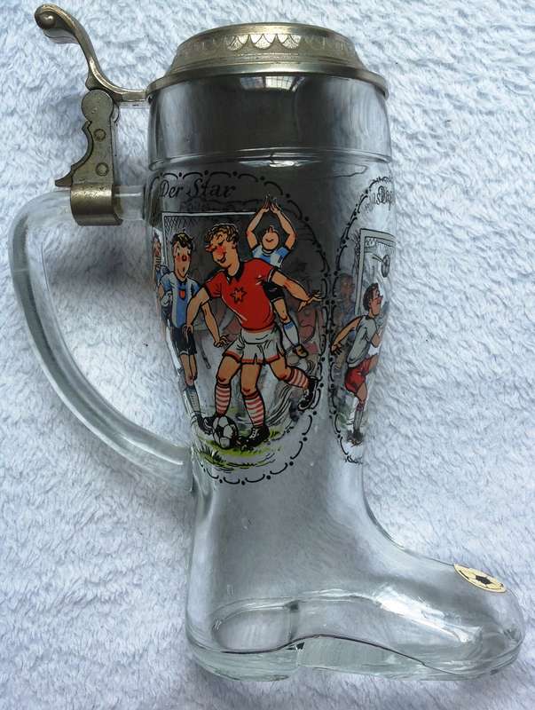 Original BMF Pewter Lidded Glass Beer Stein - Boot-shaped - Made in West Germany