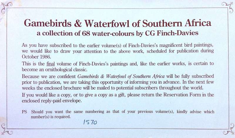 Gamebirds and Waterfowl of Southern Africa  A collection of 68 water-colours by C G Finch-Davies