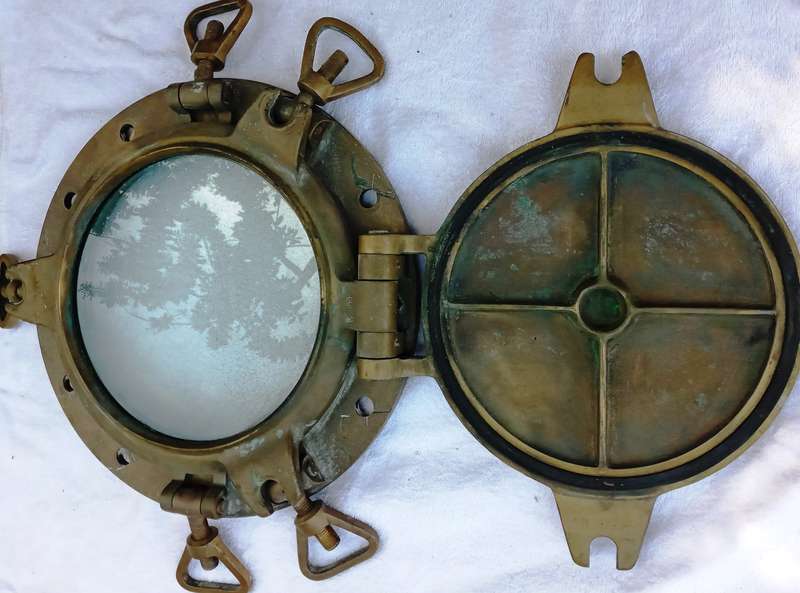 Vintage PAIR of ships brass portholes from Foundry Fontanini 1933, Udine, Italy