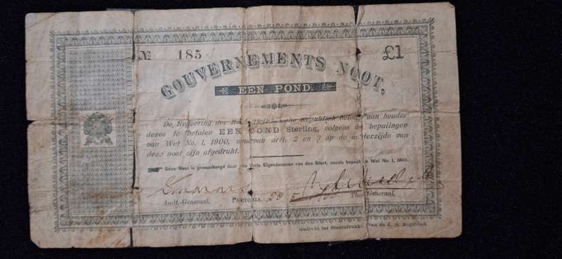 One Pound 1900 Pretoria Gouvernements Noot - Marked No. 185 with tears