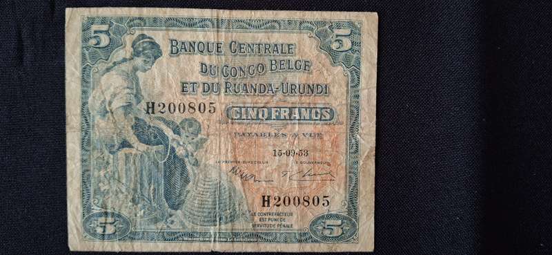 BANQUE CENTRALE DU CONGO BELGE   15 SEPTEMBER 1953 SERIAL NUMBER H200805  CIRCULATED