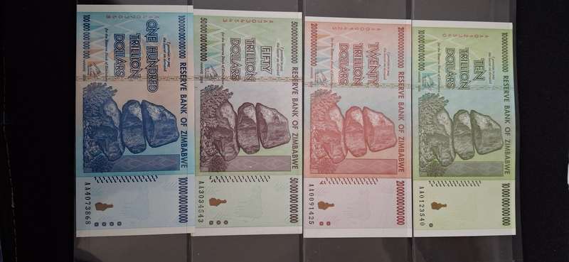 RESERVE BANK OF ZIMBABWE  10, 20, 50, 100 TRILLION DOLLARS   2008 SET  UNCIRCULATED SCARCE