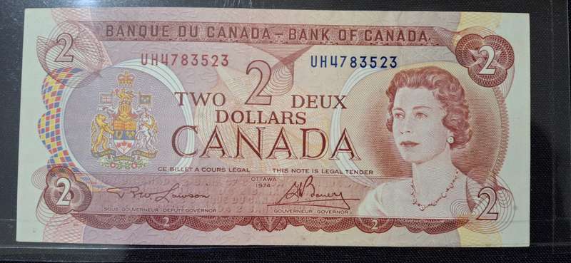 QUEEN ELIZABETH 11 BANK OF CANADA  1974 TW0 DOLLAR  NUMBER UH4783523 UNCIRCULATED VERY SCARCE