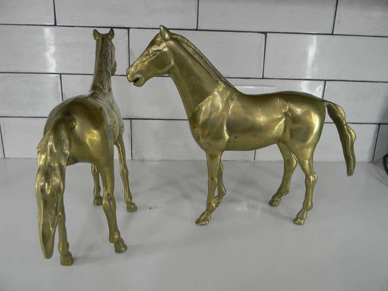 Pair of 2 Vintage Brass Horses Stallion Equestrian Tabletop