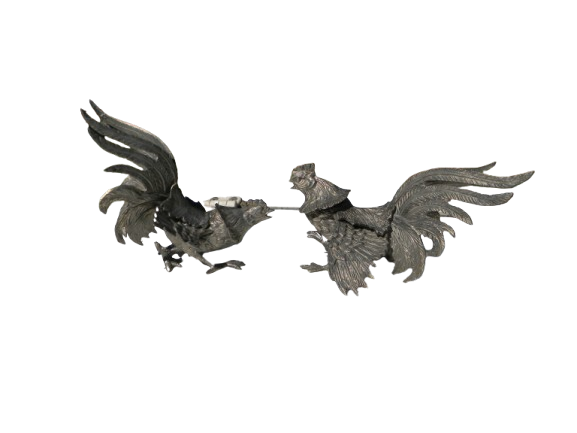 Vintage Pair of brass Fighting Roosters silver metal statuettes, farmhouse Decor