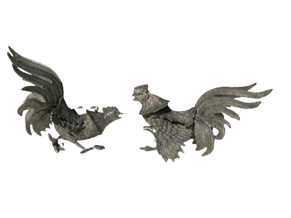 Vintage Pair of brass Fighting Roosters silver metal statuettes, farmhouse Decor