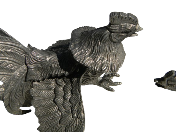 Vintage Pair of brass Fighting Roosters silver metal statuettes, farmhouse Decor