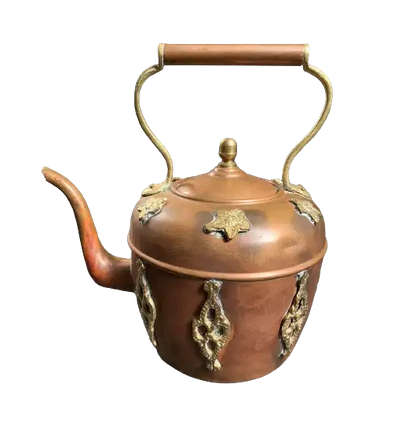19th Century Copper Kettle with Brass Floral Decoration