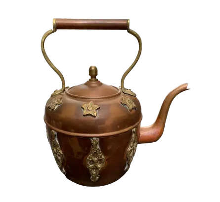19th Century Copper Kettle with Brass Floral Decoration