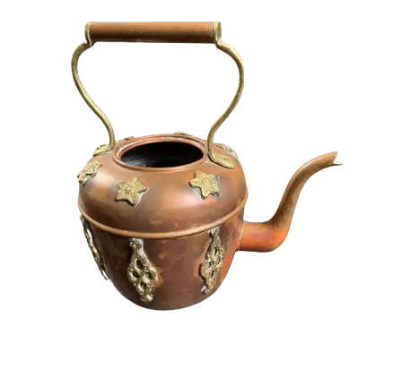 19th Century Copper Kettle with Brass Floral Decoration