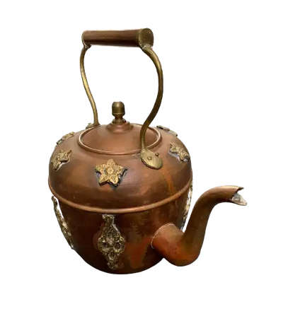 19th Century Copper Kettle with Brass Floral Decoration