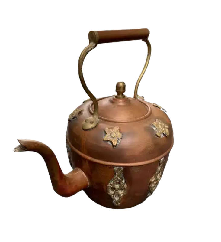 19th Century Copper Kettle with Brass Floral Decoration