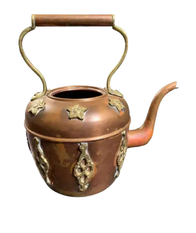 19th Century Copper Kettle with Brass Floral Decoration