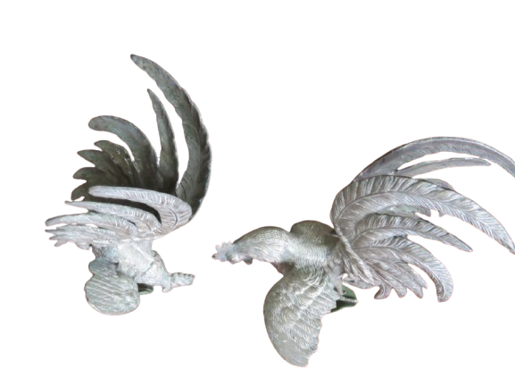 Pair of 2 Antique Vintage Silver Plate Fighting  Rooster
