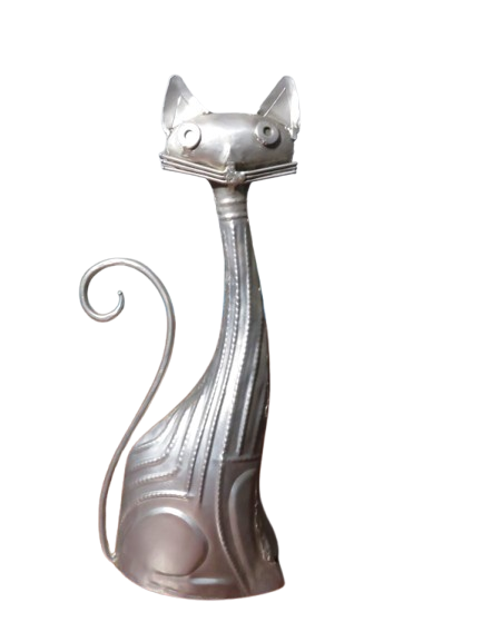 Handmade Kitty Cat Sculpture Metal Embossed Tin 14.5 Desktop Bookcase Decor