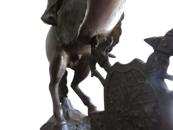 A French spelter figure, knight on rearing horse, St George, oval wooden plinth base, 50cm, c.1900