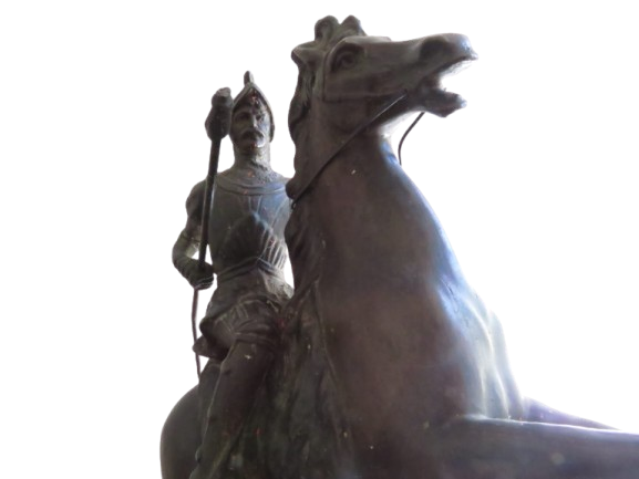 A French spelter figure, knight on rearing horse, St George, oval wooden plinth base, 50cm, c.1900