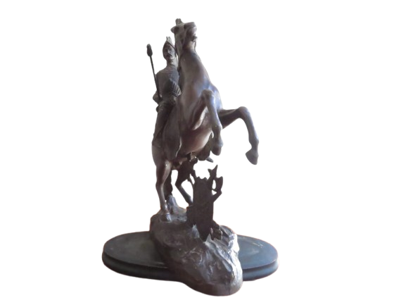 A French spelter figure, knight on rearing horse, St George, oval wooden plinth base, 50cm, c.1900