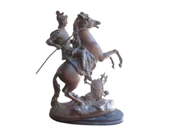 A French spelter figure, knight on rearing horse, St George, oval wooden plinth base, 50cm, c.1900