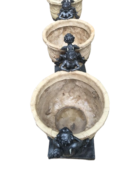 Antique Fiber Glass Two-Sitting Cupids Flower Vase Metal Sculpture Model Angel