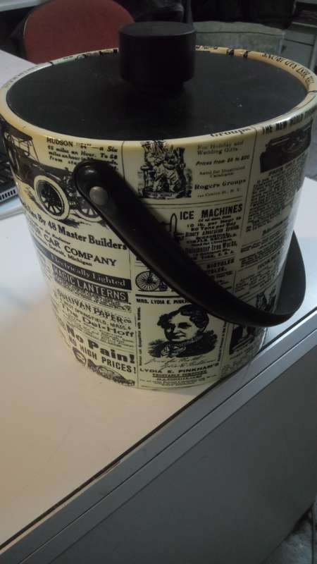 Irvineware Insulated Ice Bucket 70s Barware MCM Mod Vinyl Newsprint Art Deco